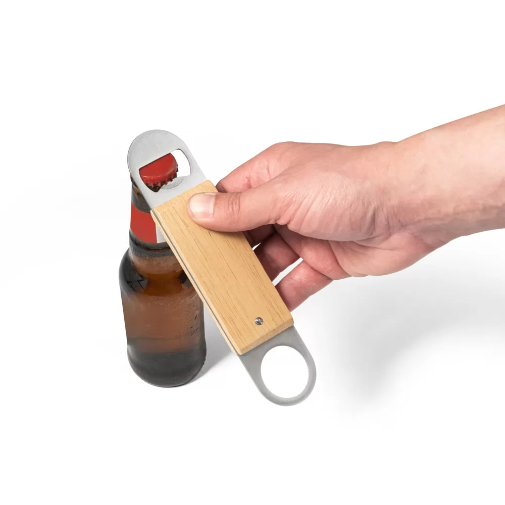 Abridor de garrafas duplo em aço inox com corpo em bambu Personalizado