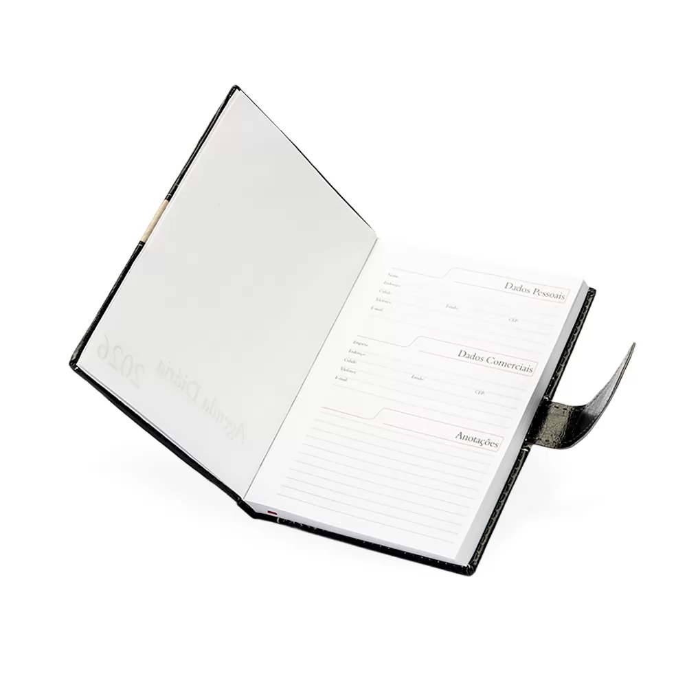 Agenda Diária 2026 com Fecho e Suporte pra Caneta Personalizada
