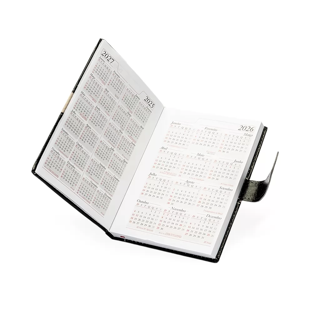 Agenda Diária 2026 com Fecho e Suporte pra Caneta Personalizada