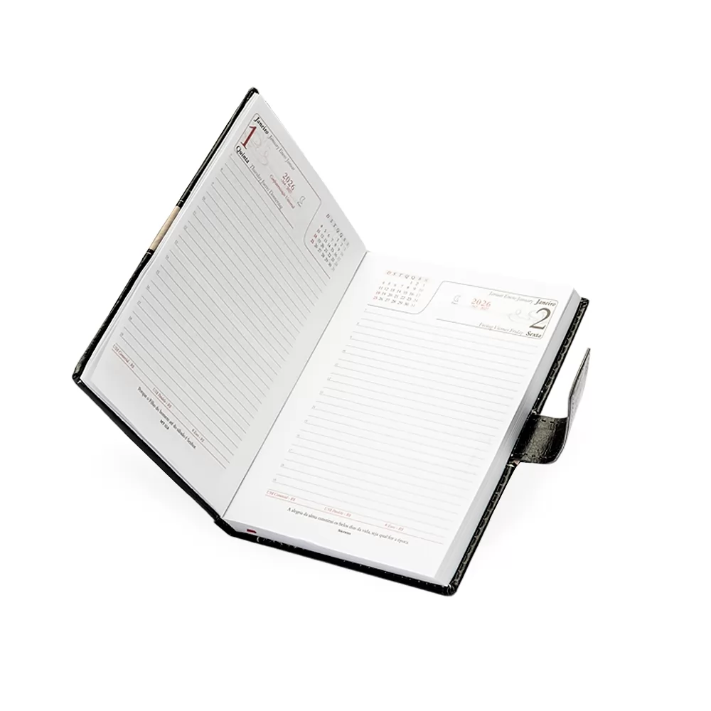 Agenda Diária 2026 com Fecho e Suporte pra Caneta Personalizada