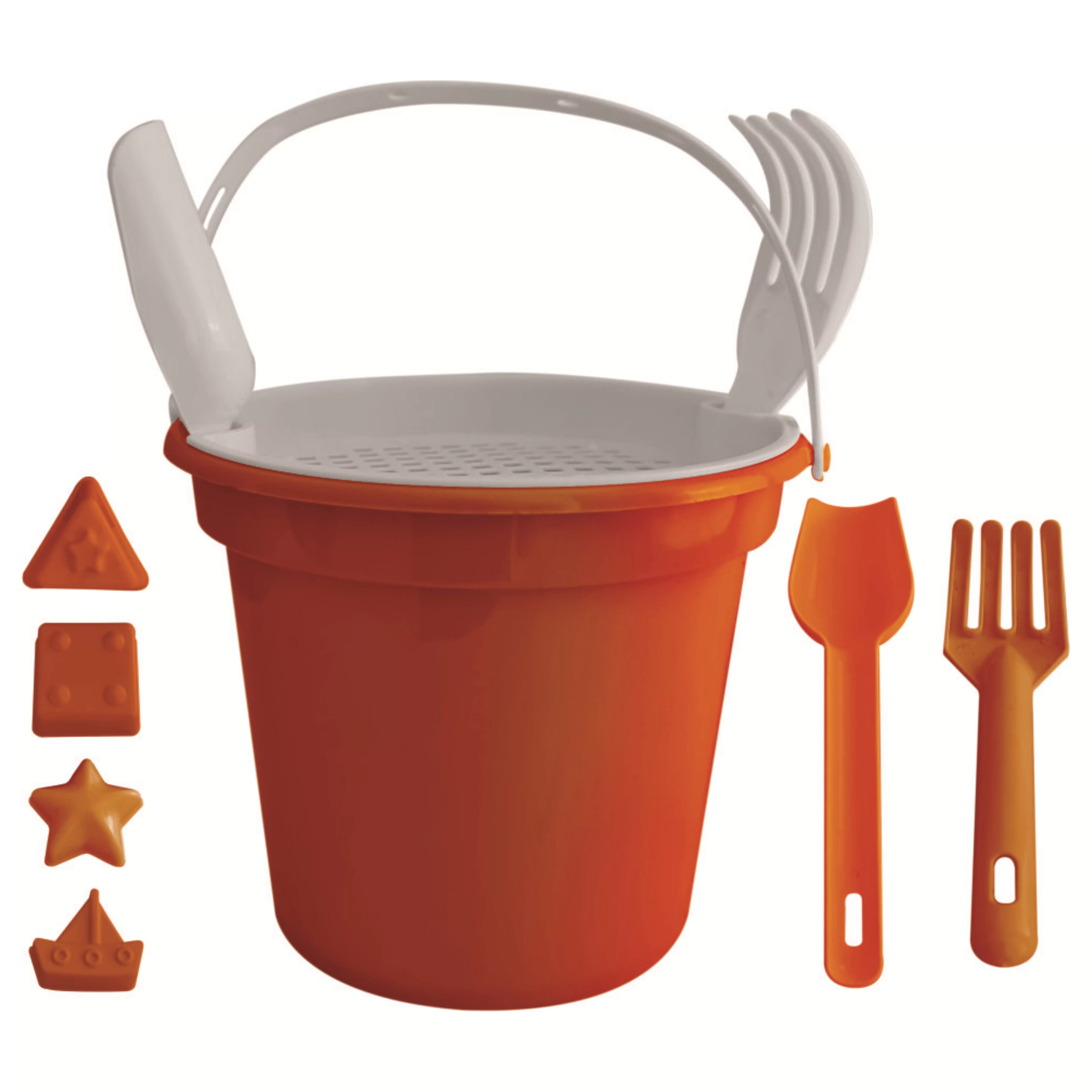 Balde De Praia com Pá, Rastelo, Peneira e 2 formas Personalizado