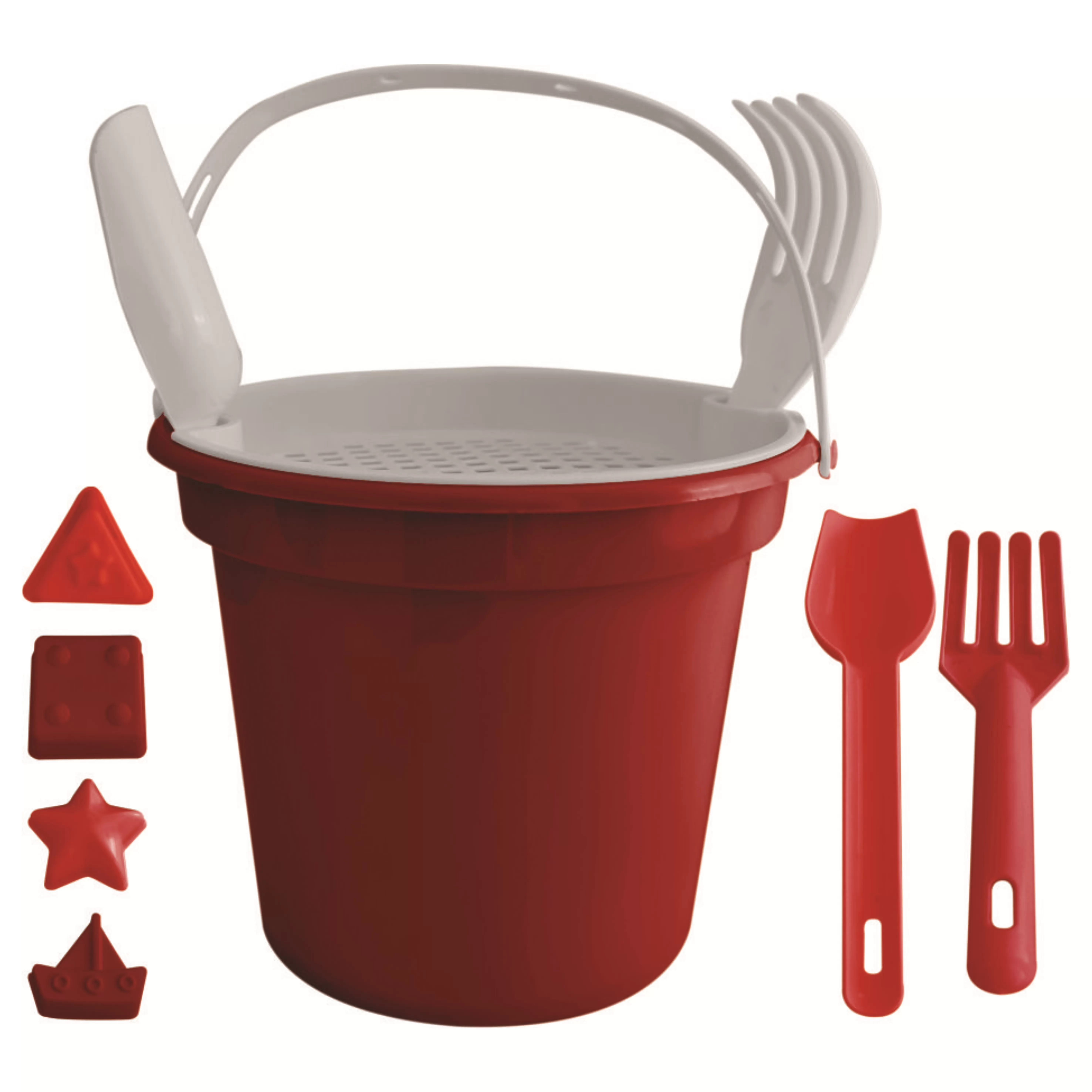 Balde De Praia com Pá, Rastelo, Peneira e 2 formas Personalizado