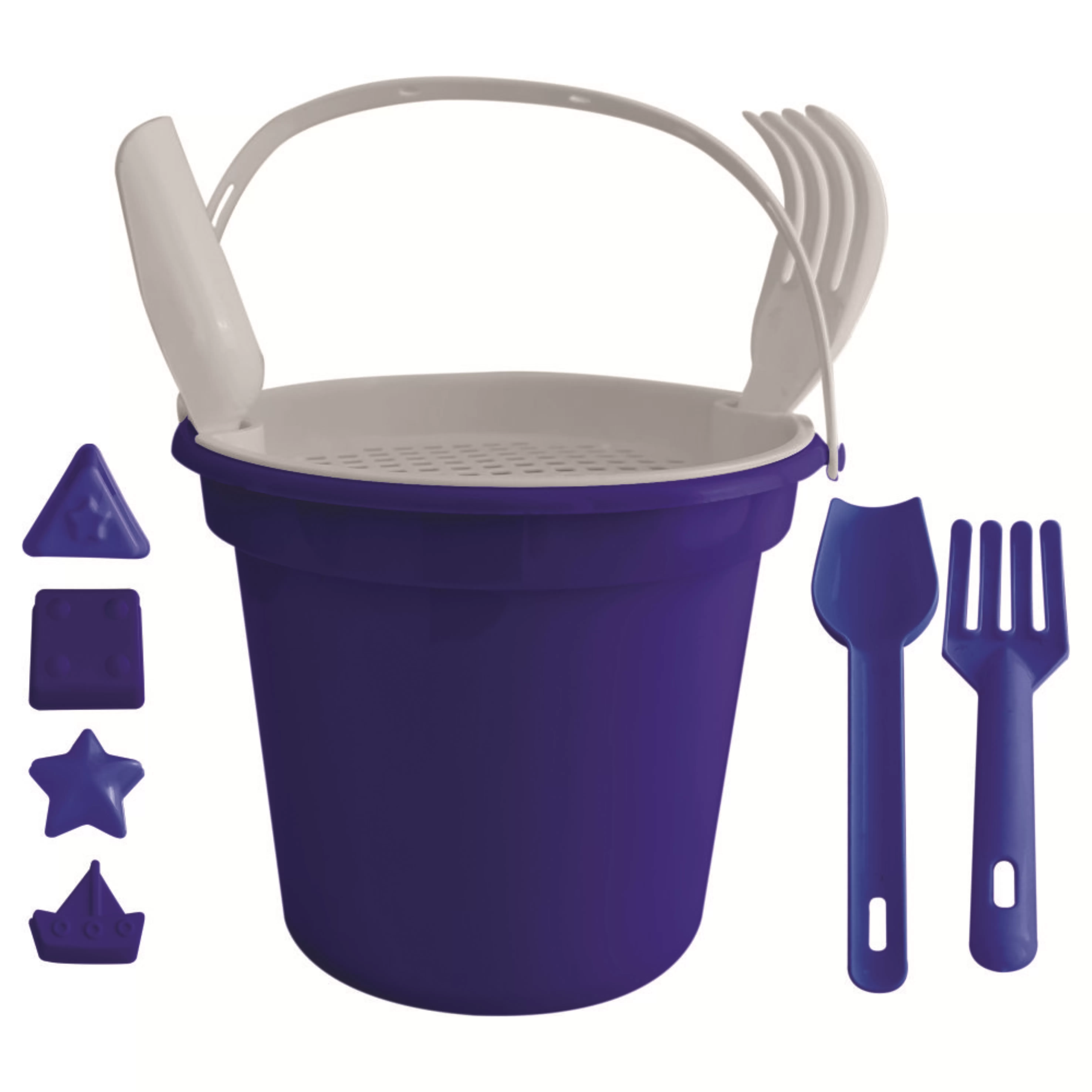 Balde De Praia com Pá, Rastelo, Peneira e 4 formas Personalizado