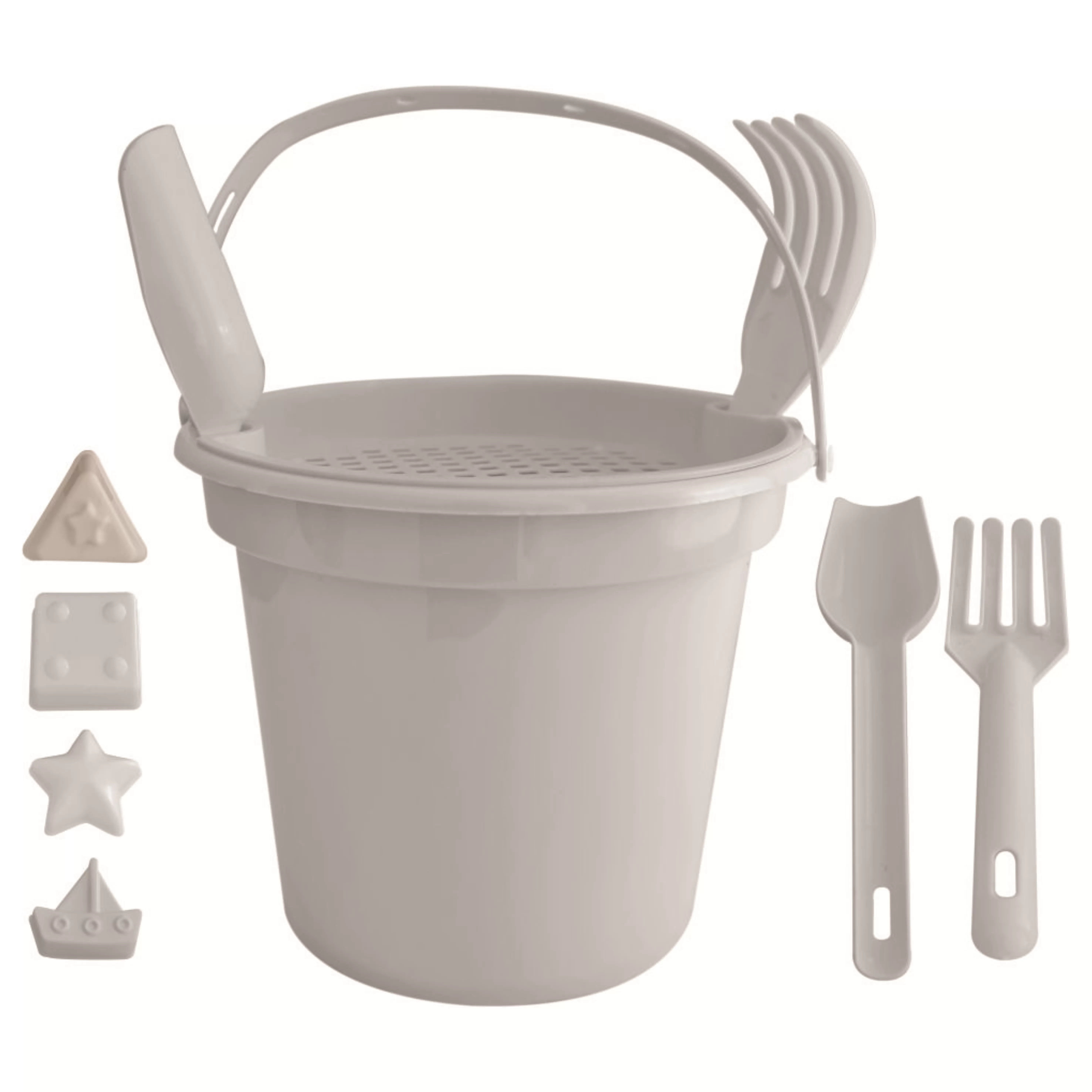 Balde De Praia com Pá, Rastelo, Peneira e 4 formas Personalizado