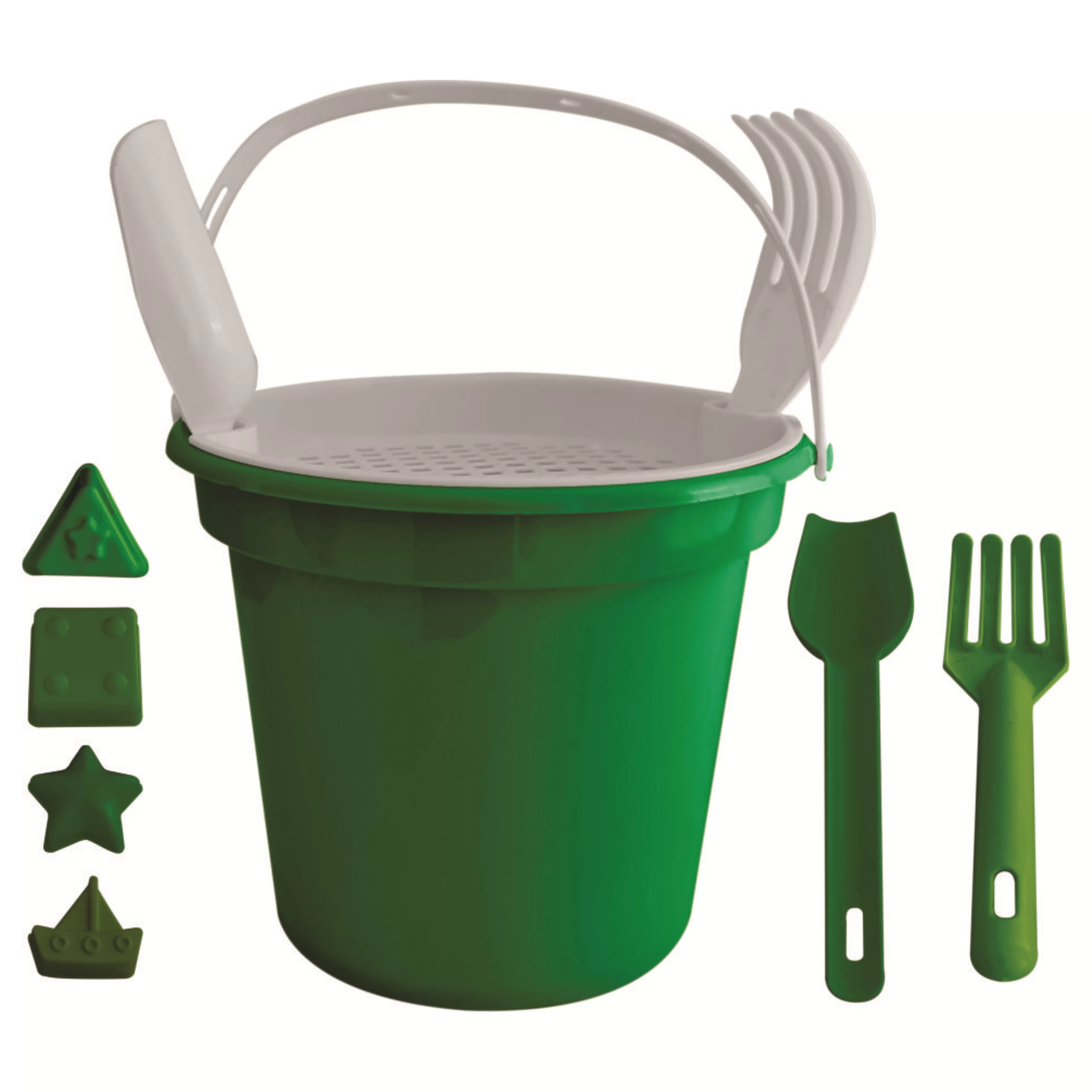 Balde De Praia com Pá, Rastelo, Peneira e 4 formas Personalizado