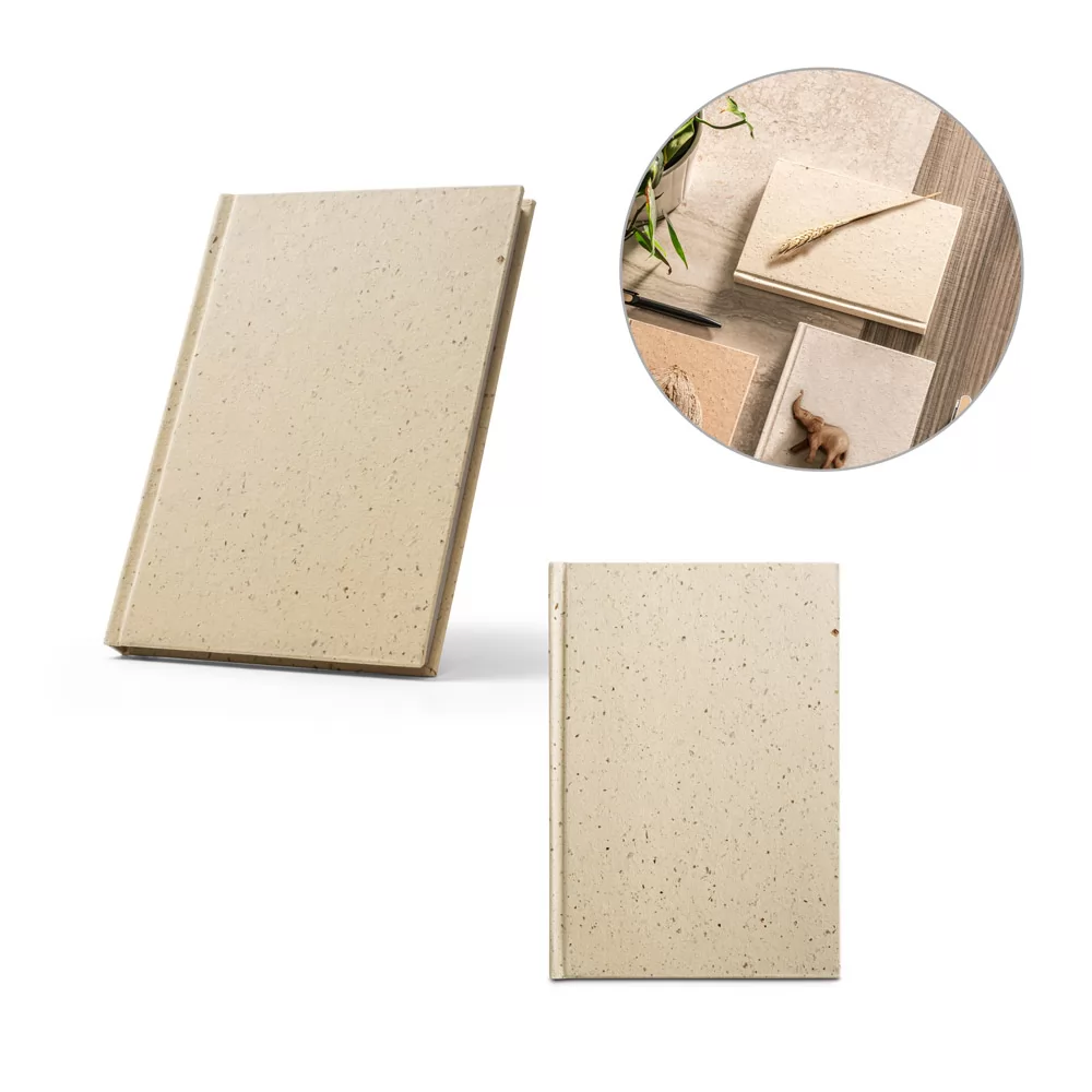 Caderneta A5 com resíduos da cevada (25%) e trapos de algodão reciclado (75%) Personalizada