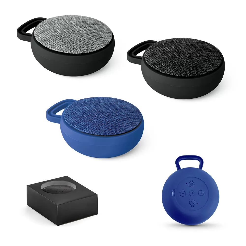 Caixa de som com microfone em ABS e tecido em poliéster Personalizada