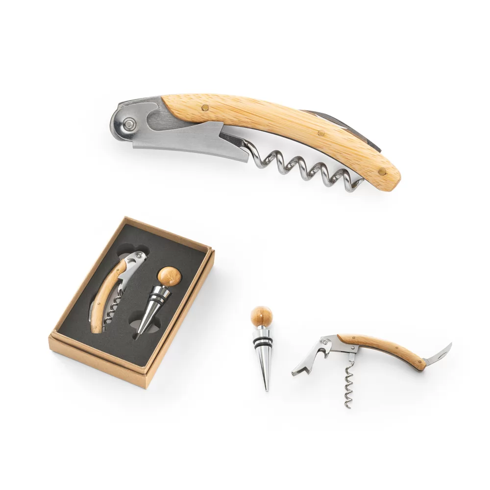 Conjunto de vinho com dois componentes em metal e bambu Personalizado