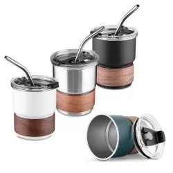 Copo de Inox com Madeira e Canudo 250 ml Personalizado Copo de Inox com Madeira e Canudo 250 ml Personalizado