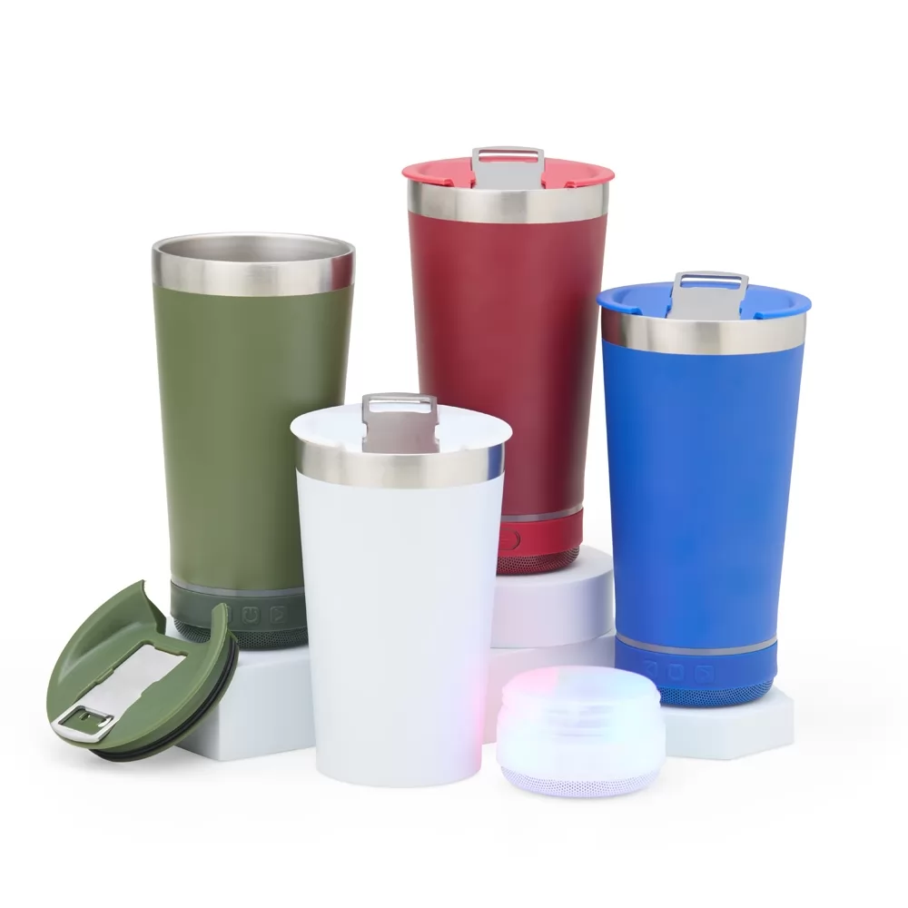 Copo térmico de inox com caixa de som e capacidade 400ml. Personalizado