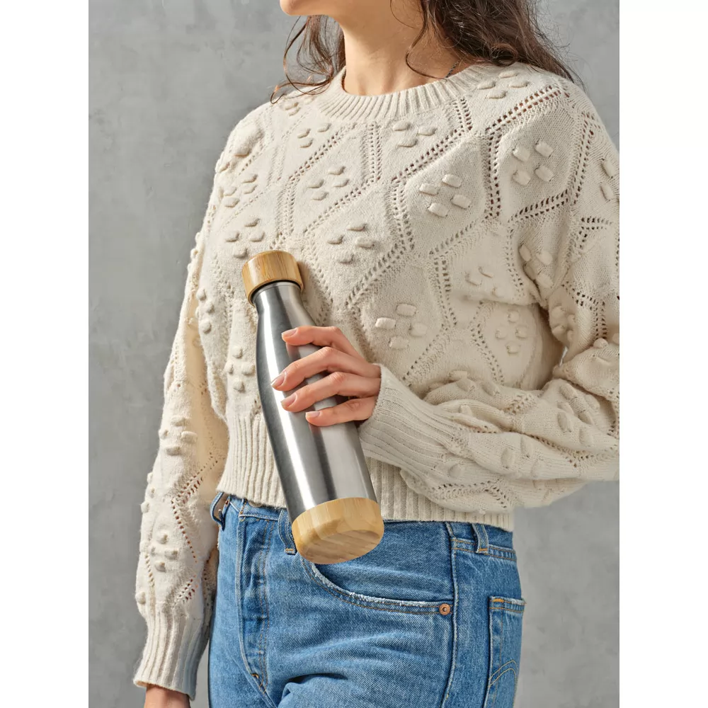 Garrafa em aço inox (90% reciclado) com tampa em bambu 550 mL Personalizada