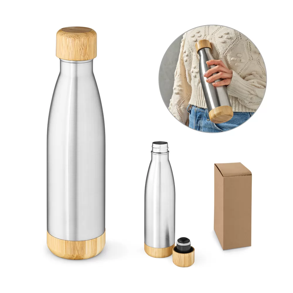 Garrafa em aço inox (90% reciclado) com tampa em bambu 550 mL Personalizada