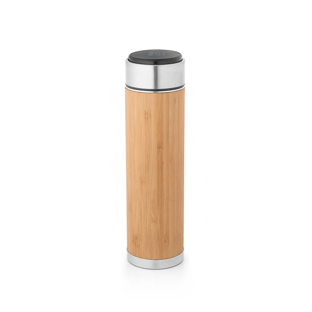 Garrafa térmico em aço inox reciclado e bambu com termómetro digital 430 mL Personalizada