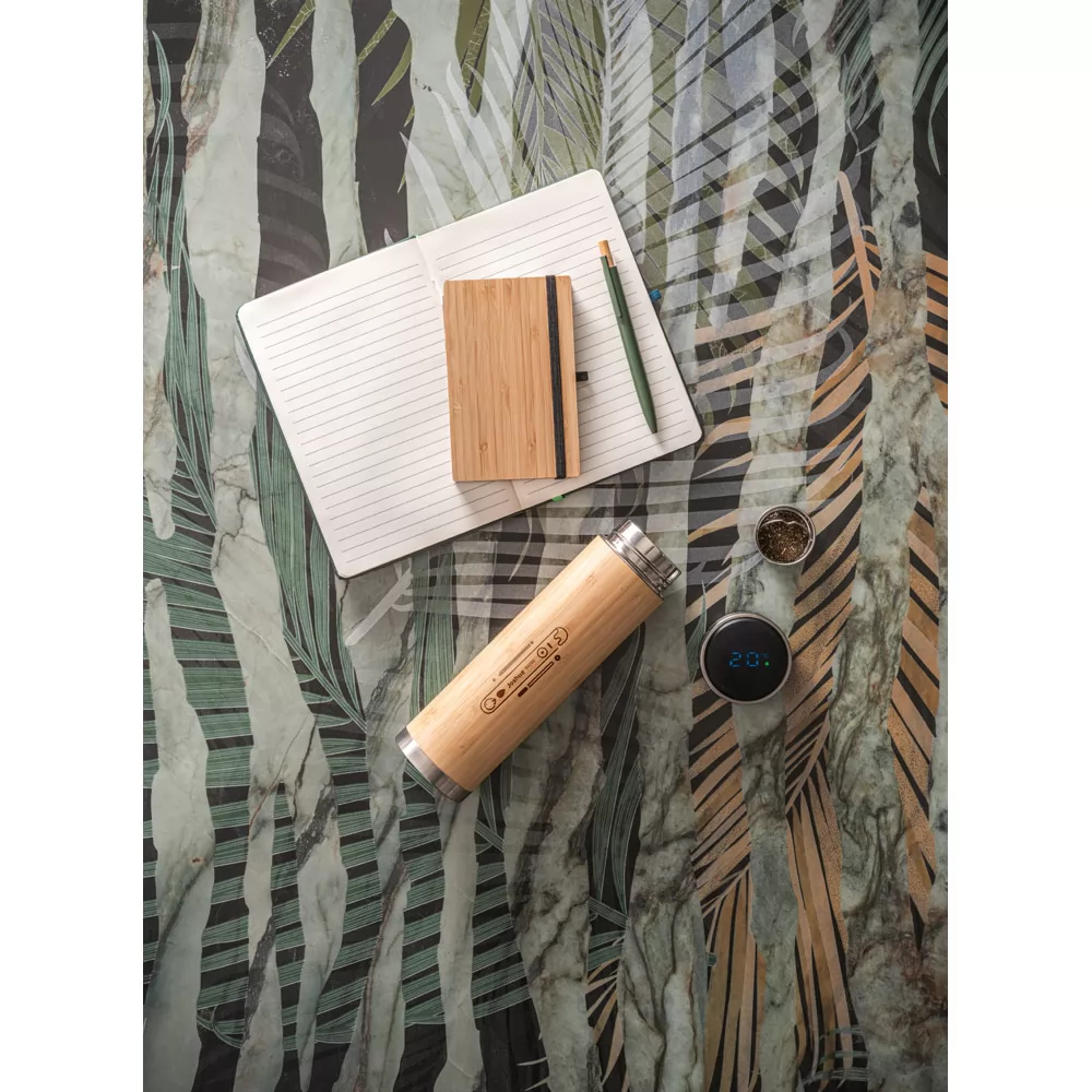 Garrafa térmico em aço inox reciclado e bambu com termómetro digital 430 mL Personalizada