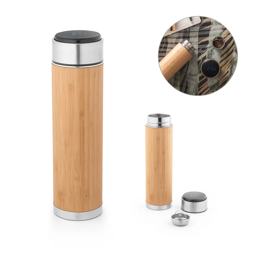 Garrafa térmico em aço inox reciclado e bambu com termómetro digital 430 mL Personalizada